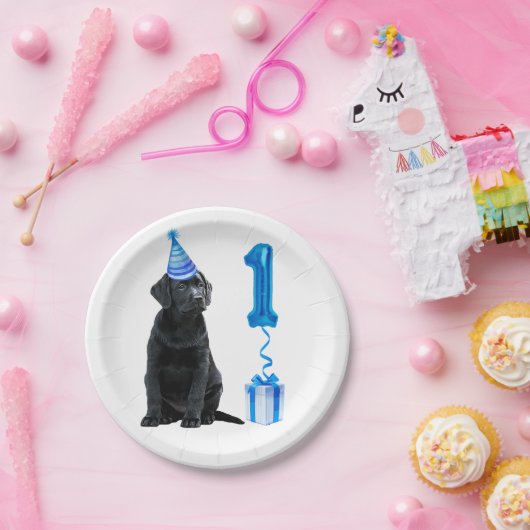 1e Verjaardag Puppy Theme- Schattige Dog Blue Boy Papieren Bordje (Feest)