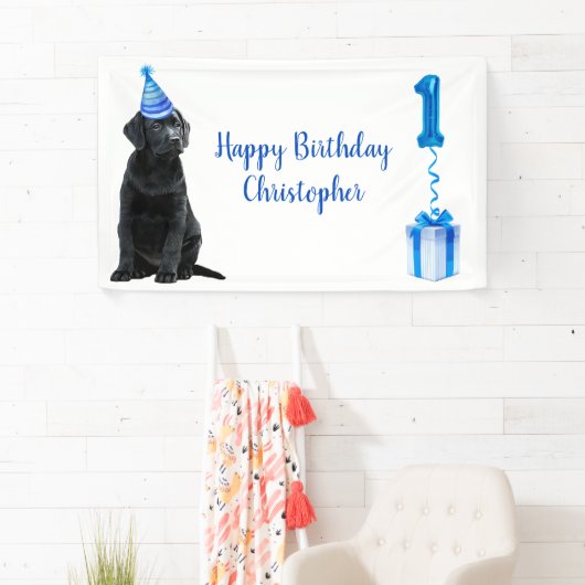 1e Verjaardag Puppy Theme- Schattige Dog Blue Boy  Spandoek (Insitu)