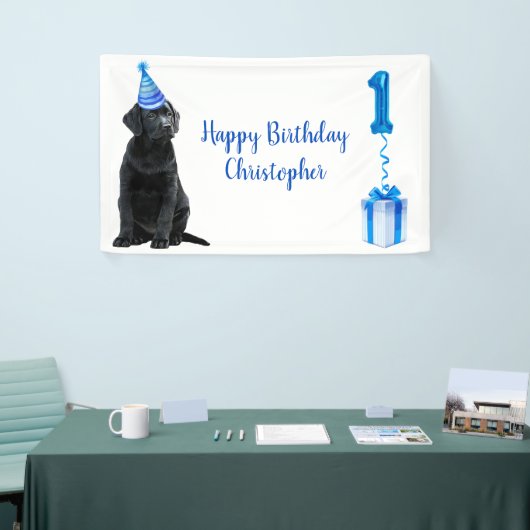 1e Verjaardag Puppy Theme- Schattige Dog Blue Boy  Spandoek (Beurs)