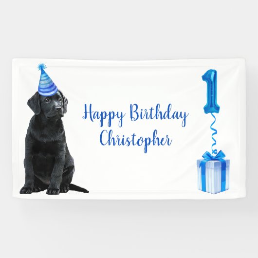 1e Verjaardag Puppy Theme- Schattige Dog Blue Boy  Spandoek (Horizontaal)