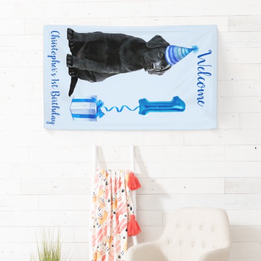 1e Verjaardag Puppy Theme- Schattige Dog Blue Boy  Spandoek (Insitu)