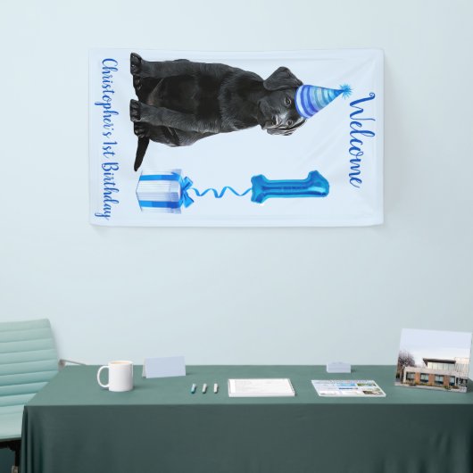 1e Verjaardag Puppy Theme- Schattige Dog Blue Boy  Spandoek (Beurs)
