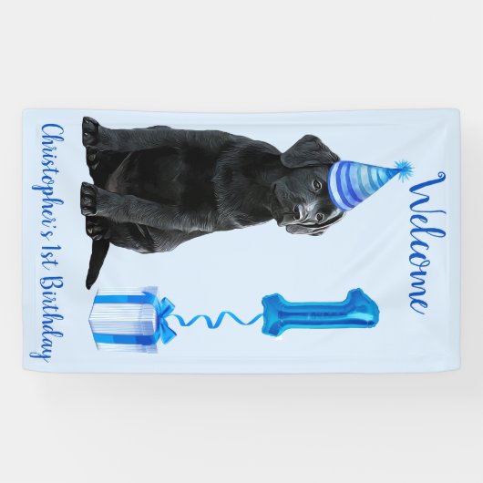 1e Verjaardag Puppy Theme- Schattige Dog Blue Boy  Spandoek (Horizontaal)
