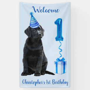 1e Verjaardag Puppy Theme- Schattige Dog Blue Boy Spandoek