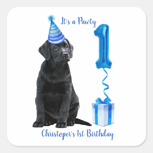 1e Verjaardag Puppy Theme- Schattige Dog Blue Boy  Vierkante Sticker (Voorkant)