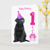 1e Verjaardag Puppy Theme- Schattige Dog Pink Meis Kaart (Gele Bloem)