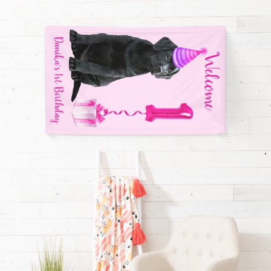 1e Verjaardag Puppy Theme- Schattige Dog Pink Meis Spandoek (Insitu)