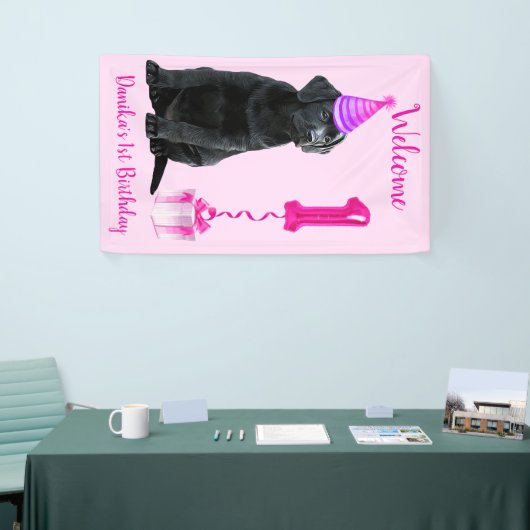 1e Verjaardag Puppy Theme- Schattige Dog Pink Meis Spandoek (Beurs)
