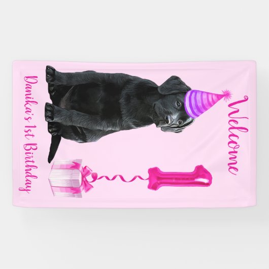 1e Verjaardag Puppy Theme- Schattige Dog Pink Meis Spandoek (Horizontaal)