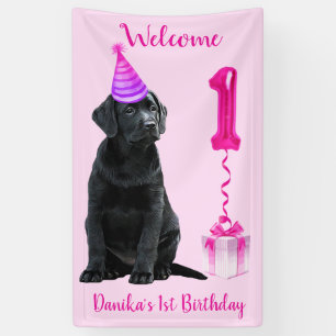 1e Verjaardag Puppy Theme- Schattige Dog Pink Meis Spandoek