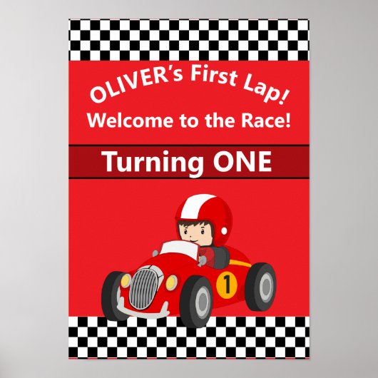 1e Verjaardag Raceauto Feest Poster Bewerkbaar (Voorkant)