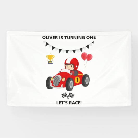 1e Verjaardag Raceauto Spandoek Bewerkbaar (Horizontaal)