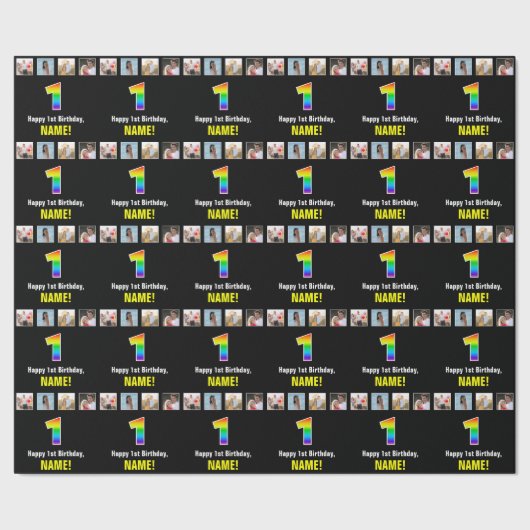 1e verjaardag: Regenboog "1"; Aangepaste foto's &  Cadeaupapier (Zoom)