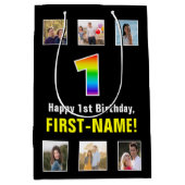 1e verjaardag: Regenboog "1", aangepaste foto's &  Medium Cadeauzakje (Voorkant)