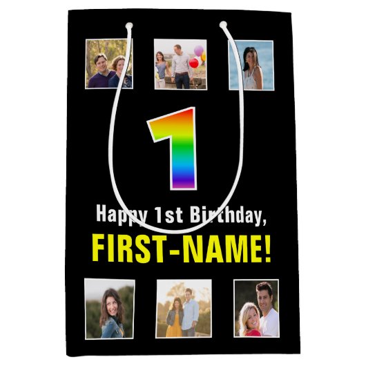 1e verjaardag: Regenboog "1", aangepaste foto's &  Medium Cadeauzakje (Voorkant)