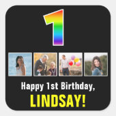 1e verjaardag: Regenboog "1"; Aangepaste foto's &  Vierkante Sticker (Voorkant)