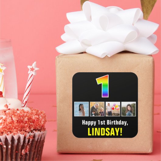 1e verjaardag: Regenboog "1"; Aangepaste foto's &  Vierkante Sticker (Feest)
