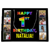 1e Verjaardag: Regenboogtekst, Aangepaste foto's & Groot Cadeauzakje (Voorkant)