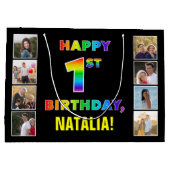 1e Verjaardag: Regenboogtekst, Aangepaste foto's & Groot Cadeauzakje (Achterkant)