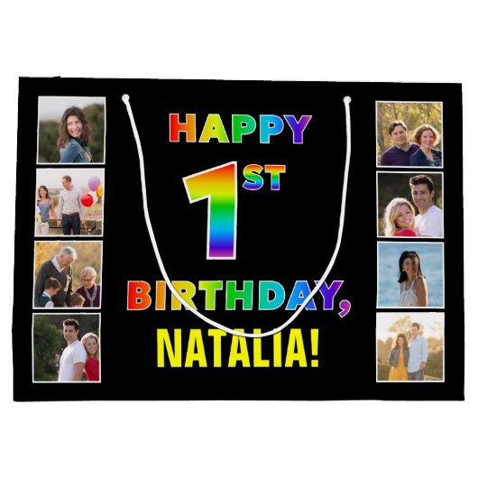 1e Verjaardag: Regenboogtekst, Aangepaste foto's & Groot Cadeauzakje (Achterkant)