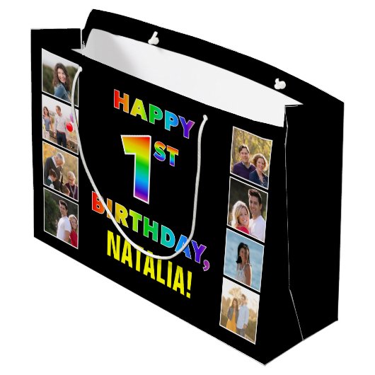 1e Verjaardag: Regenboogtekst, Aangepaste foto's & Groot Cadeauzakje (Achterkant Gekanteld)
