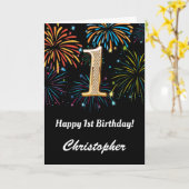 1e verjaardag regenboogvuurwerk zwart-wit en goud kaart (Gele Bloem)