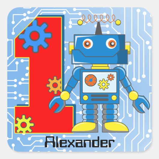 1e verjaardag robot op maat vierkante sticker (Voorkant)