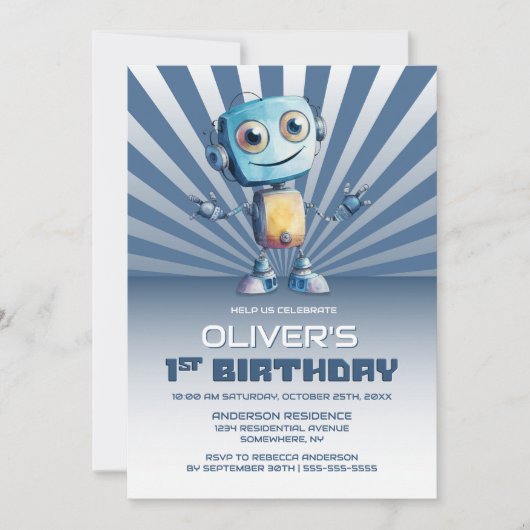 1e verjaardag robot thema feestuitnodiging kaart (Voorkant)