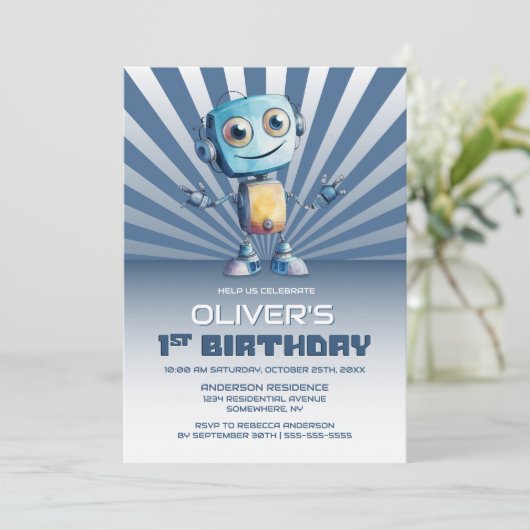 1e verjaardag robot thema feestuitnodiging kaart (Staand voorkant)
