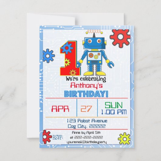 1e verjaardag robot uitnodiging (Voorkant)