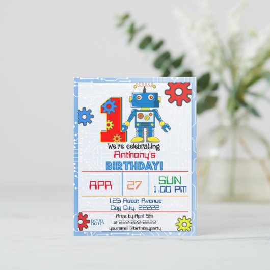 1e verjaardag robot uitnodiging (Staand voorkant)