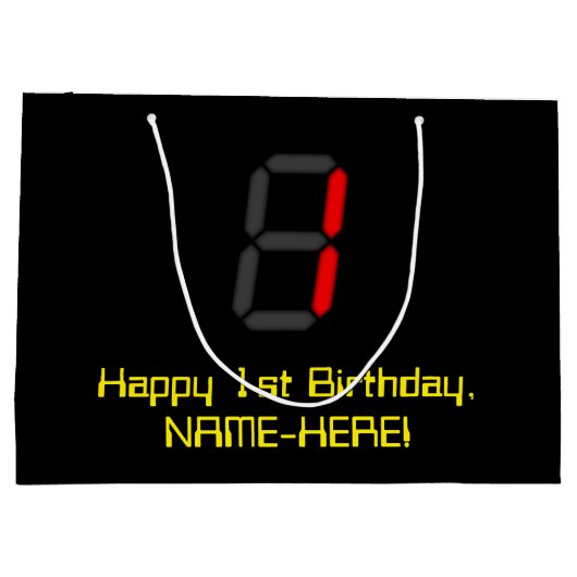 1e verjaardag: Rode digitale klok stijl "1" + naam Groot Cadeauzakje (Achterkant)