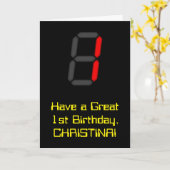 1e verjaardag: Rode digitale klok stijl "1" + naam Kaart (Gele Bloem)