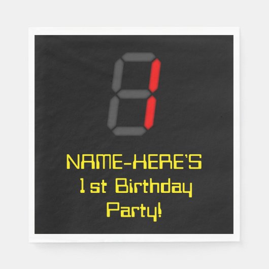 1e verjaardag: Rode digitale klok stijl "1" + naam Servet (Voorkant)