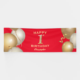 1e verjaardag Rode en gouden ballonnen van de Part Spandoek