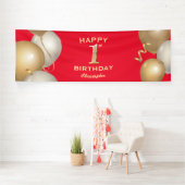 1e verjaardag Rode en gouden ballonnen van de Part Spandoek (Insitu)