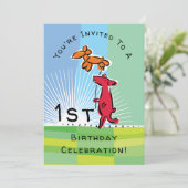 1e verjaardag rode hond met doggie ballon party kaart (Staand voorkant)