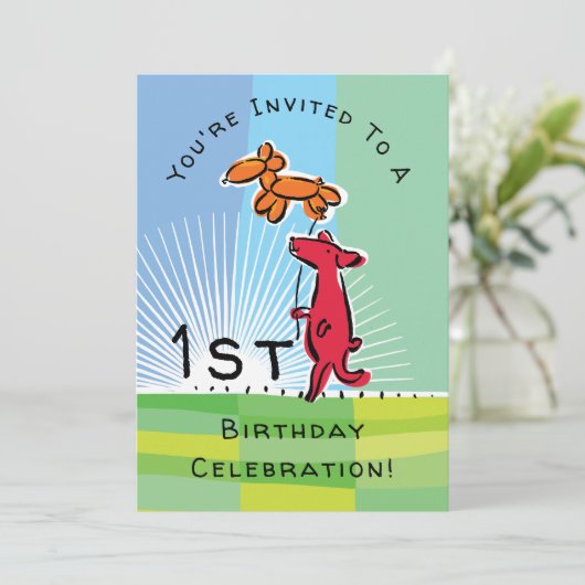 1e verjaardag rode hond met doggie ballon party kaart (Staand voorkant)