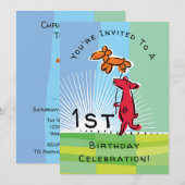 1e verjaardag rode hond met doggie ballon party kaart (Voorkant / Achterkant)