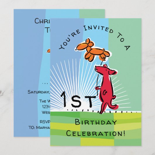 1e verjaardag rode hond met doggie ballon party kaart (Voorkant / Achterkant)