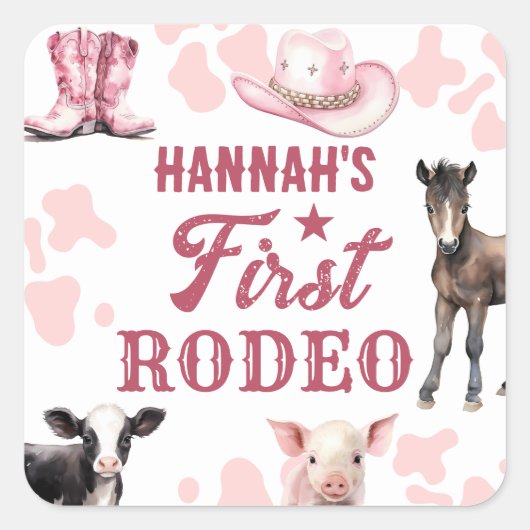 1e Verjaardag Rodeo Roze Sticker (Voorkant)