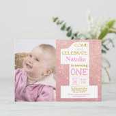 1e verjaardag Roos Gold Glitter en roze foto Kaart (Staand voorkant)