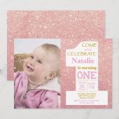 1e verjaardag Roos Gold Glitter en roze foto Kaart (Voorkant / Achterkant)
