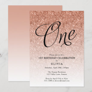 1e Verjaardag Roos Gold Ombre Glitter Invitation Kaart