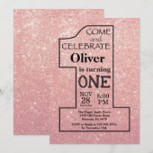 1e verjaardag Roos Gold Pink Glitter Uitnodiging (Voorkant / Achterkant)