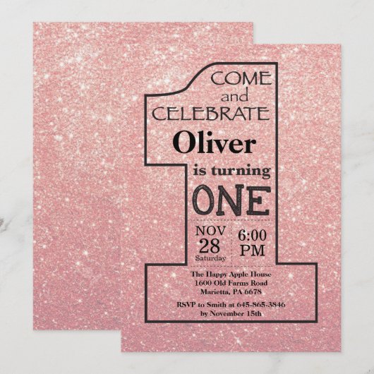 1e verjaardag Roos Gold Pink Glitter Uitnodiging (Voorkant / Achterkant)