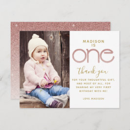 1e Verjaardag Roos Gouden Glitter Dank u kaart