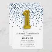 1e verjaardag Royal Blue Confetti en Gold Balloon Kaart (Voorkant / Achterkant)
