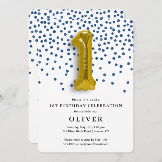 1e verjaardag Royal Blue Confetti en Gold Balloon Kaart (Voorkant / Achterkant)