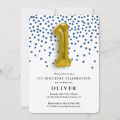 1e verjaardag Royal Blue Confetti en Gold Balloon Kaart (Voorkant)